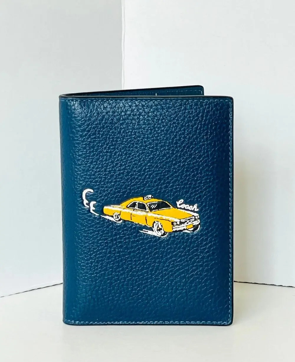 Coach Deep Teal Leather Passport Wallet with Yellow Car Graphic